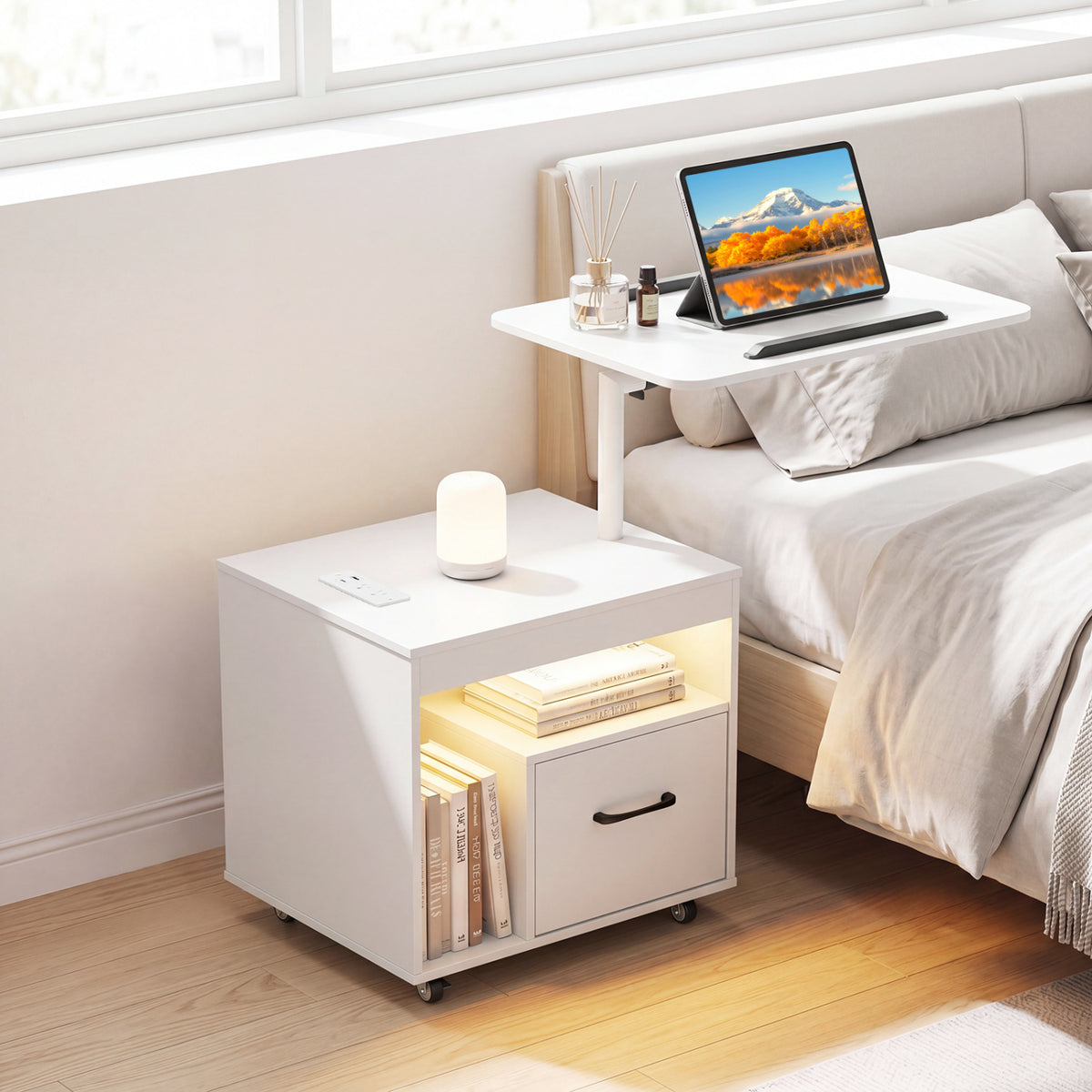 LED Nightstand with Power Outlets Modern Bedside Table with Flip over-White