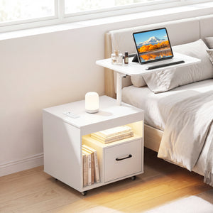 LED Nightstand with Power Outlets Modern Bedside Table with Flip over-White