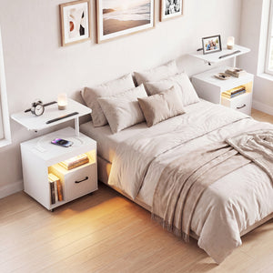 LED Nightstand with Power Outlets Modern Bedside Table with Flip over-White