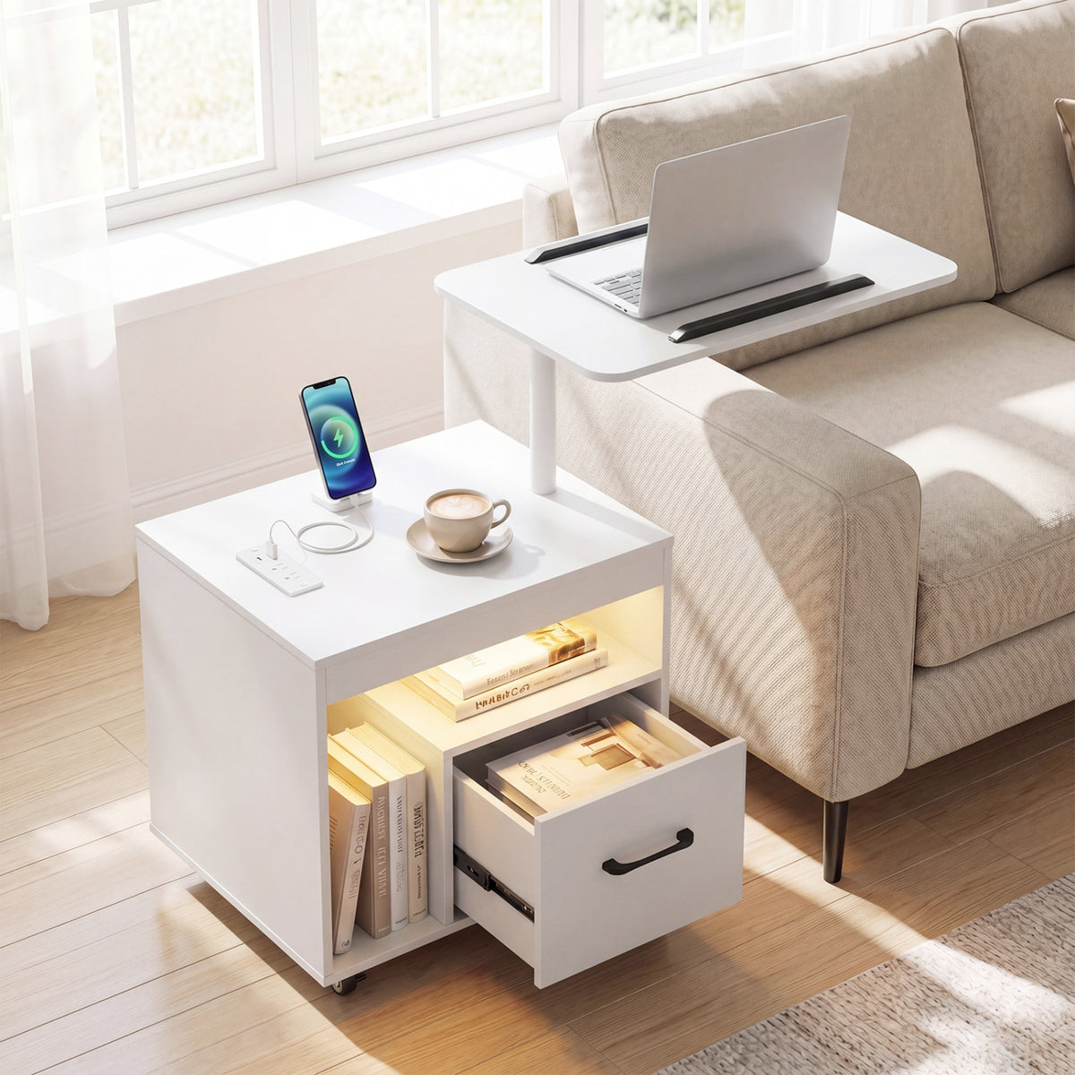 LED Nightstand with Power Outlets Modern Bedside Table with Flip over-White
