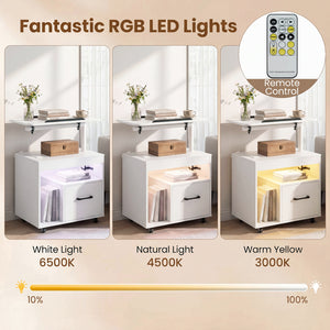 LED Nightstand with Power Outlets Modern Bedside Table with Flip over-White