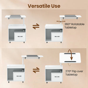 LED Nightstand with Power Outlets Modern Bedside Table with Flip over-White