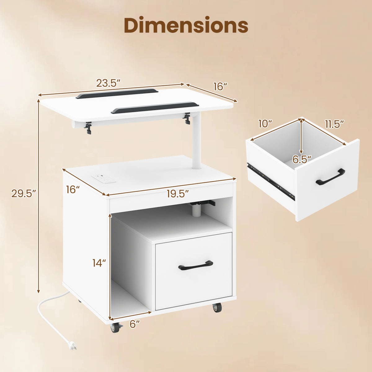 LED Nightstand with Power Outlets Modern Bedside Table with Flip over-White