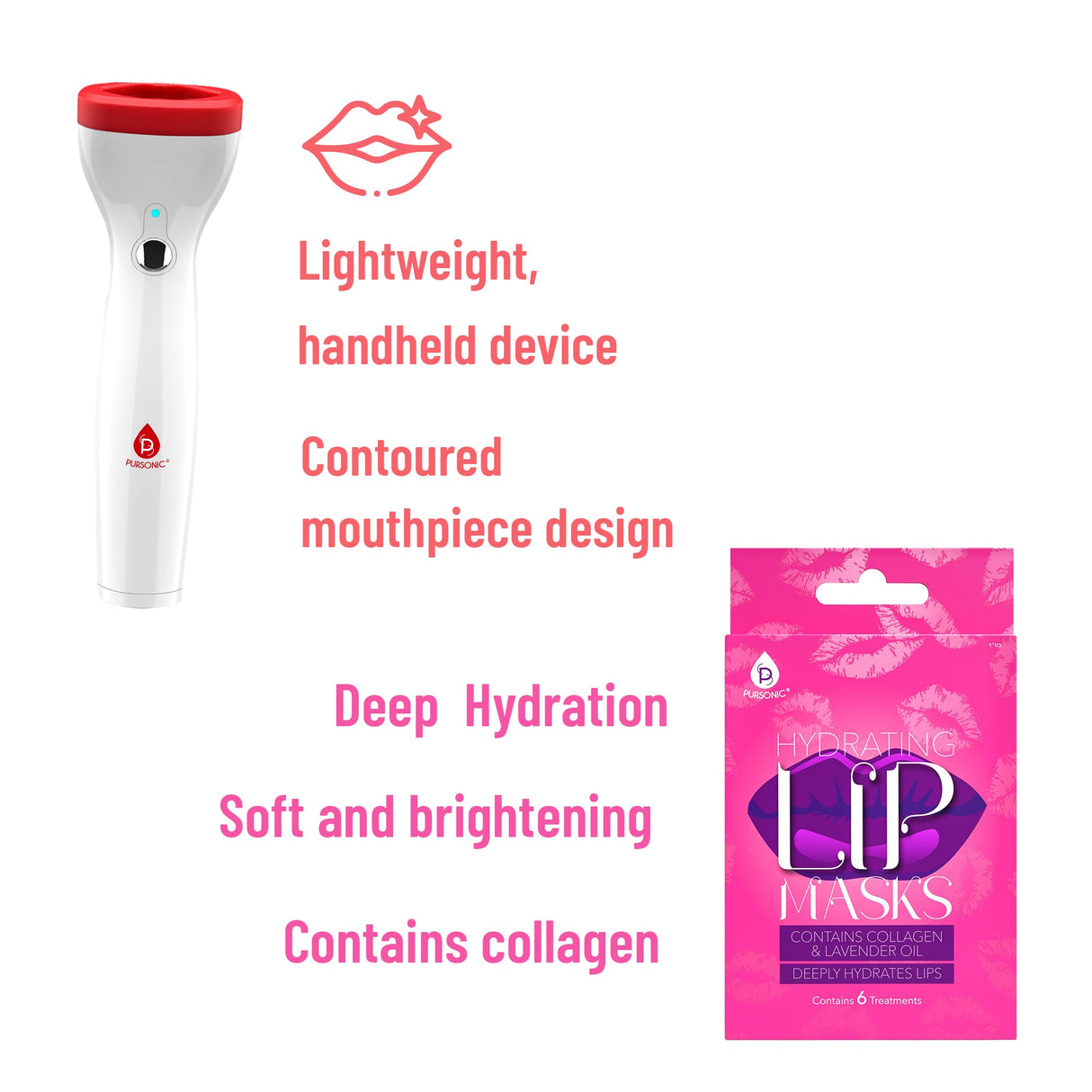 Lip Care Power Duo: Hydrating Lip Masks (Pack of 6) and Automatic Fuller Lip Plumper Device by Pursonic