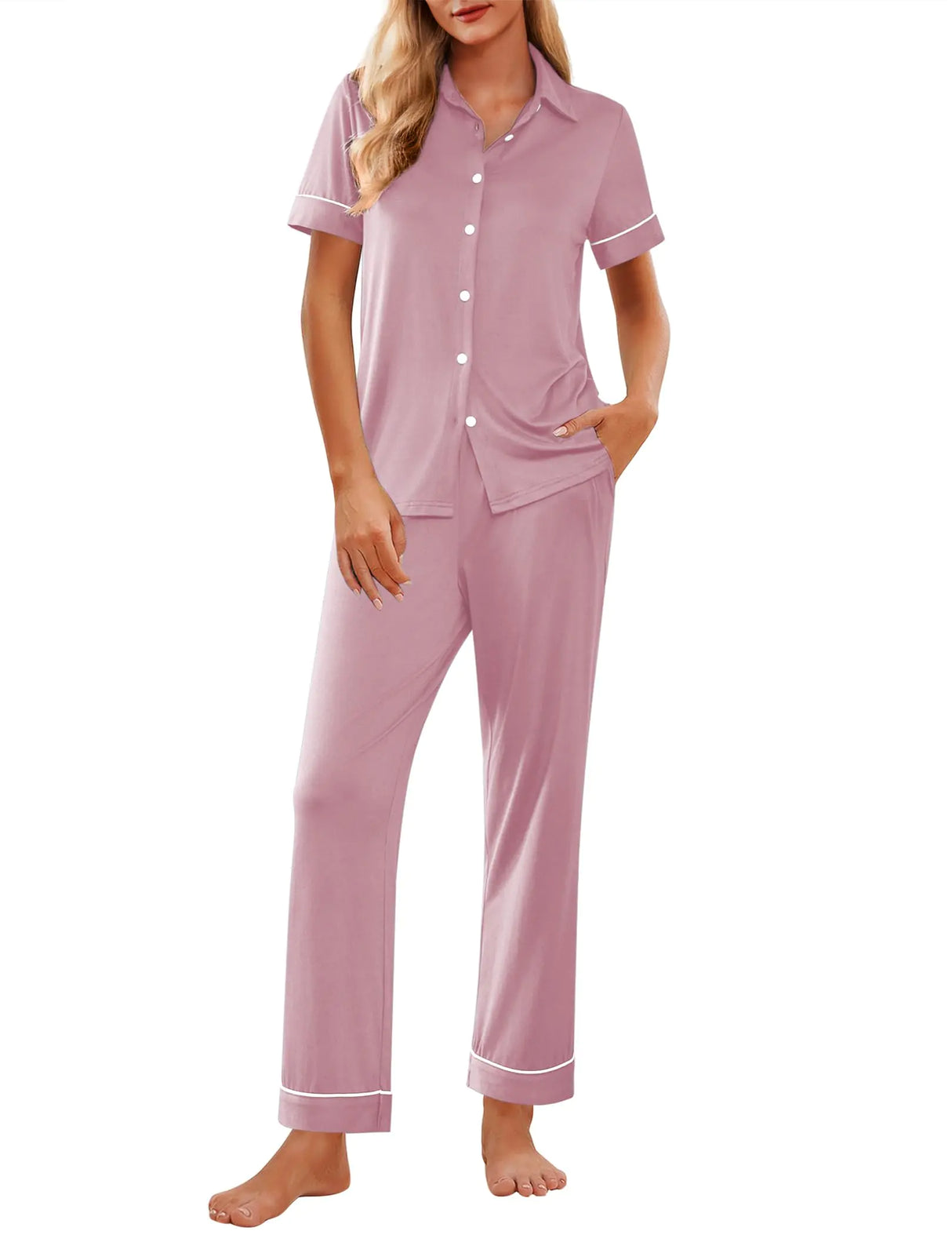 Ekouaer Women Pajamas Set Button Down Short Sleeve Pjs Set Soft Lounge Set with Long PantsMauve-pink M