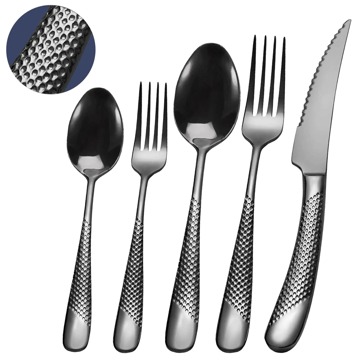 Runfly 20 Piece Hammered Black Silverware Set 18/10 Stainless Steel Flatware Set Modern Kitchen Utensil Set Service for 4 Tableware Set Cutlery Set Including Fork Spoon and Knife