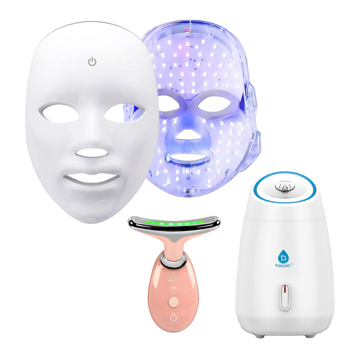 Pursonic Ultimate 3-in-1 LED Light Therapy & Facial Spa Bundle – 7-in-1 LED Face Mask + 7-in-1 LED Face & Neck Sculpting Wand + Facial Steamer by Pursonic