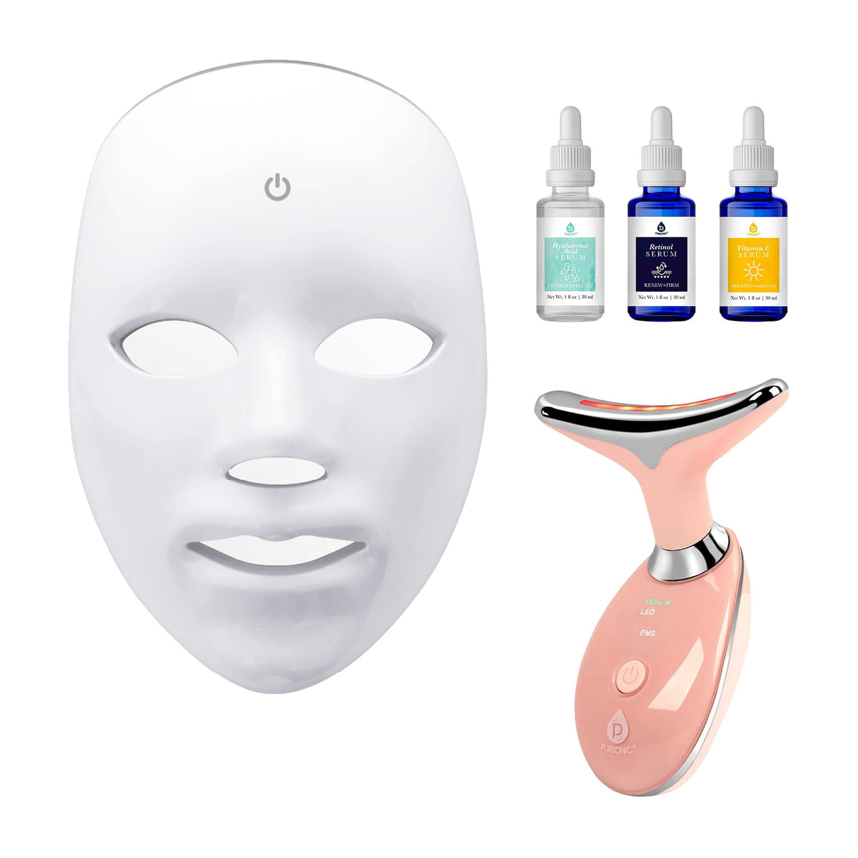 Pursonic Complete LED Skincare Bundle – 7-in-1 LED Face Mask + Sculpting Wand + Anti-Aging Serum Set by Pursonic