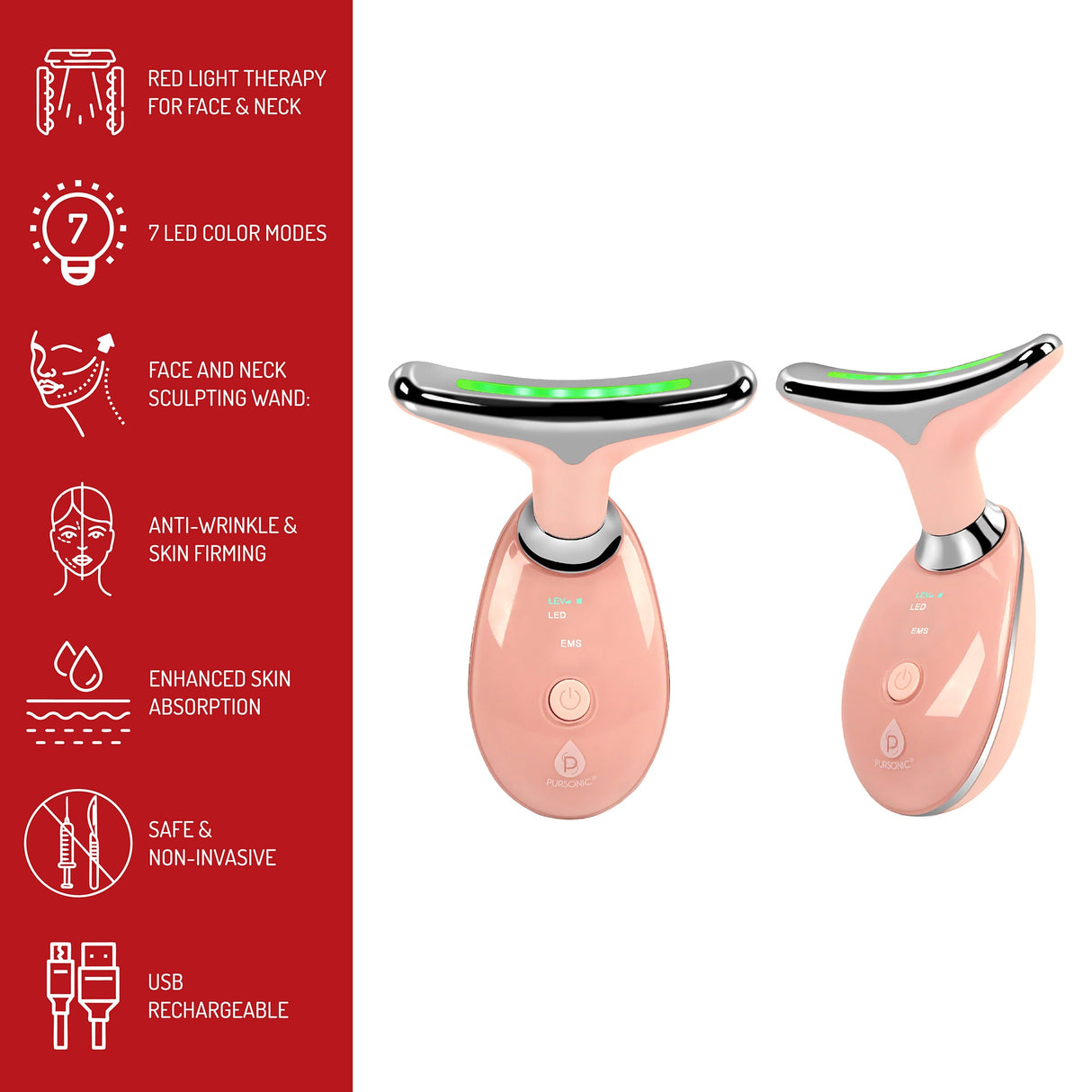 Pursonic Radiance Duo: 7-in-1 LED Light Therapy Beauty Face & Body Wands (2-Pack) by Pursonic
