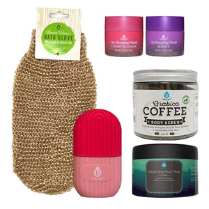 Self Care Night Bundle: Lip Masks, Dead Sea Mud Mask, Ice Roller, Bath Glove & Coffee Scrub by Pursonic