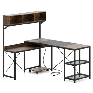 L-Shaped Computer Desk with Power Outlets 62 Inches Corner Desk with Storage Hutch-Brown