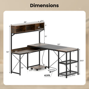 L-Shaped Computer Desk with Power Outlets 62 Inches Corner Desk with Storage Hutch-Brown