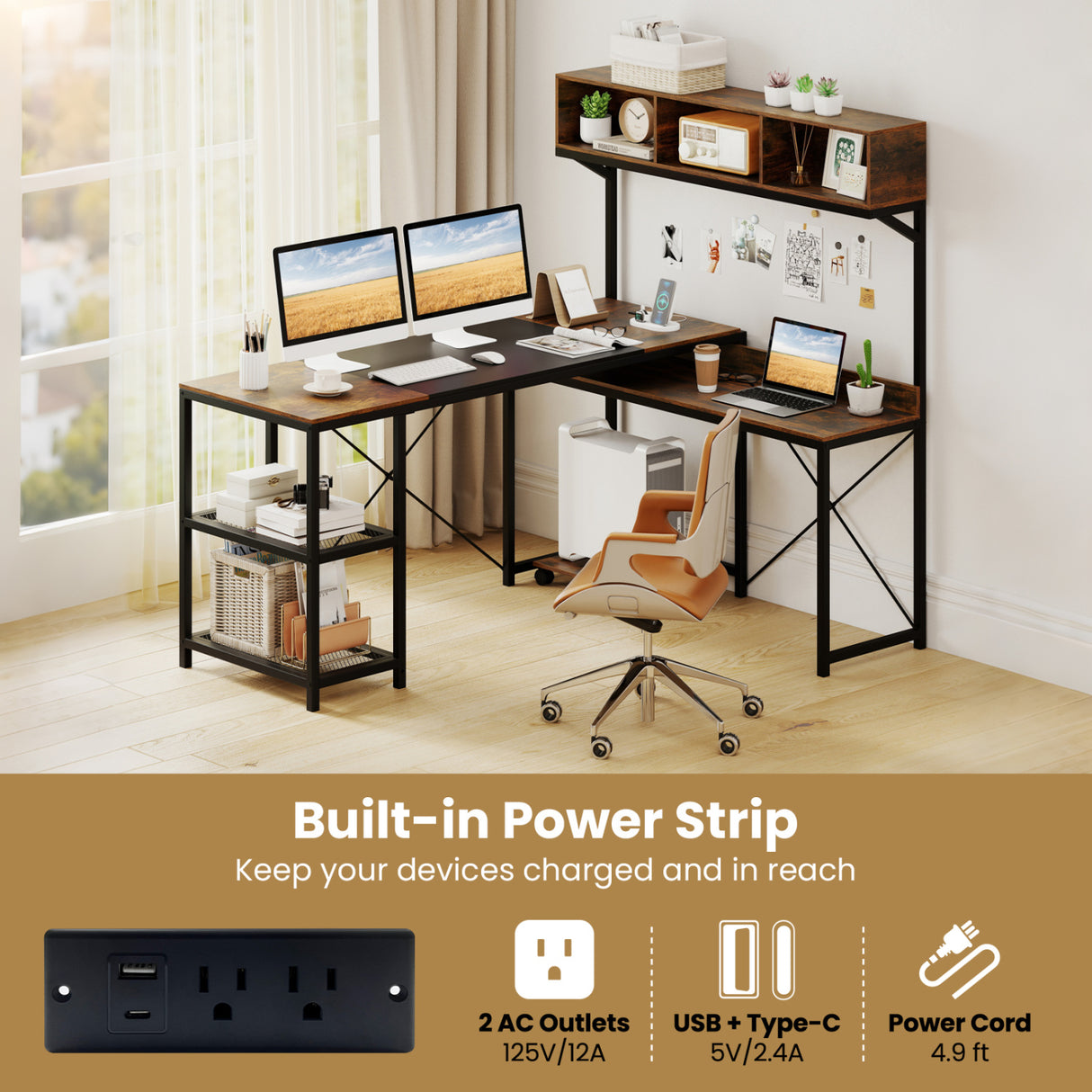 L-Shaped Computer Desk with Power Outlets 62 Inches Corner Desk with Storage Hutch-Brown