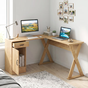 L-Shaped Computer Desk with Reversible Drawer and Cabinet for Bedroom and Small Spaces Workstation-Oak