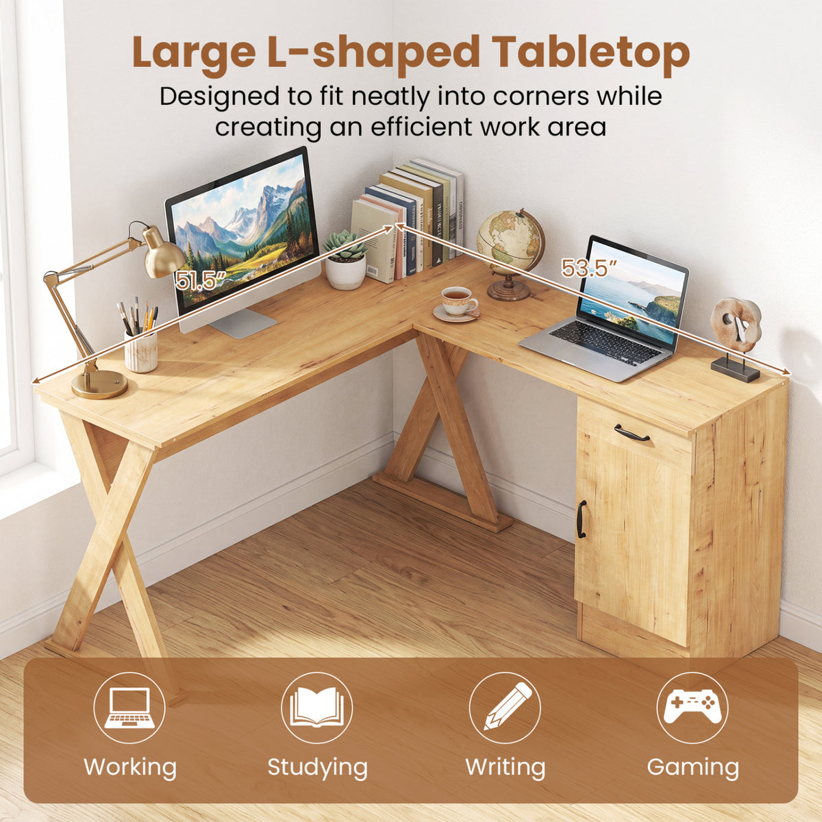 L-Shaped Computer Desk with Reversible Drawer and Cabinet for Bedroom and Small Spaces Workstation-Oak
