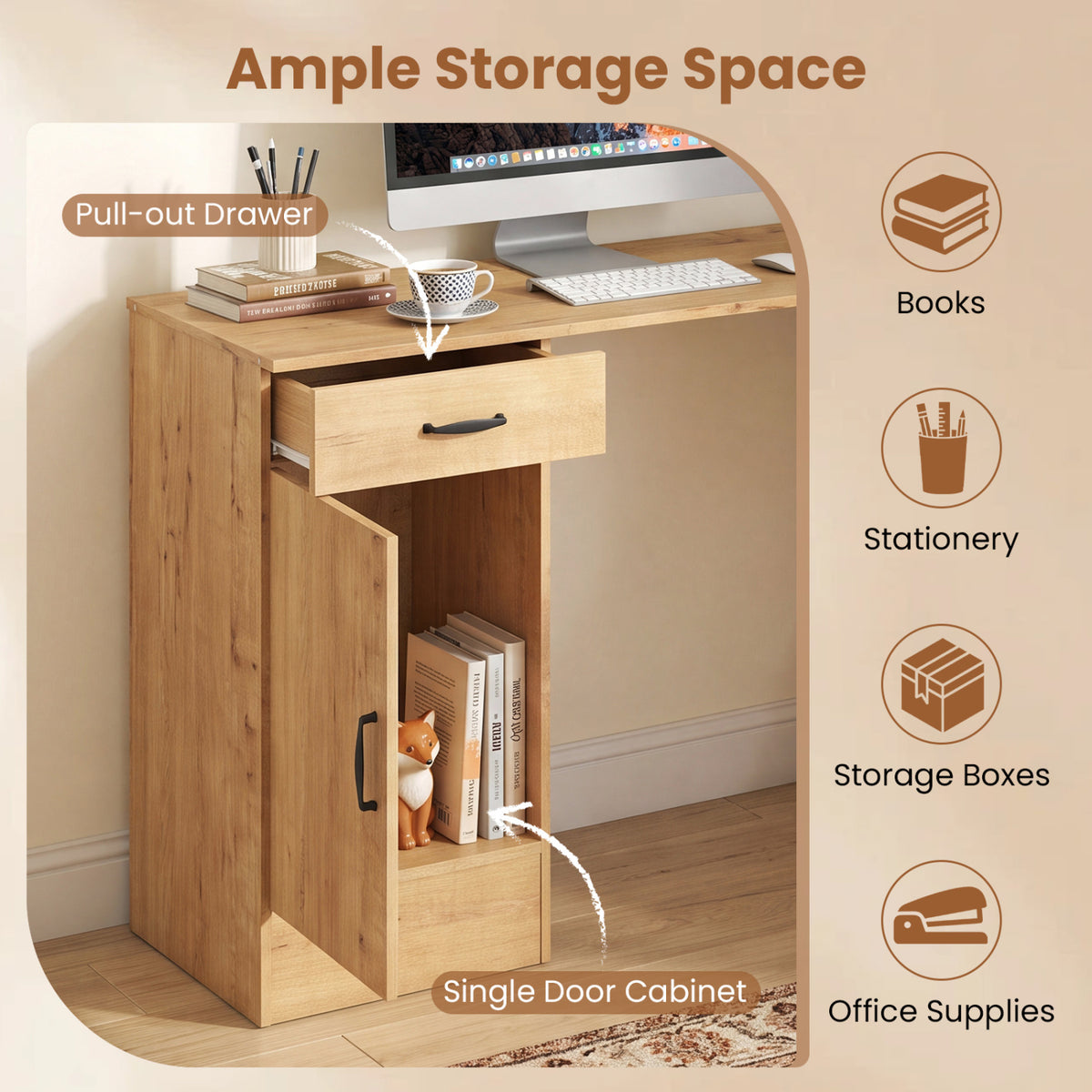L-Shaped Computer Desk with Reversible Drawer and Cabinet for Bedroom and Small Spaces Workstation-Oak