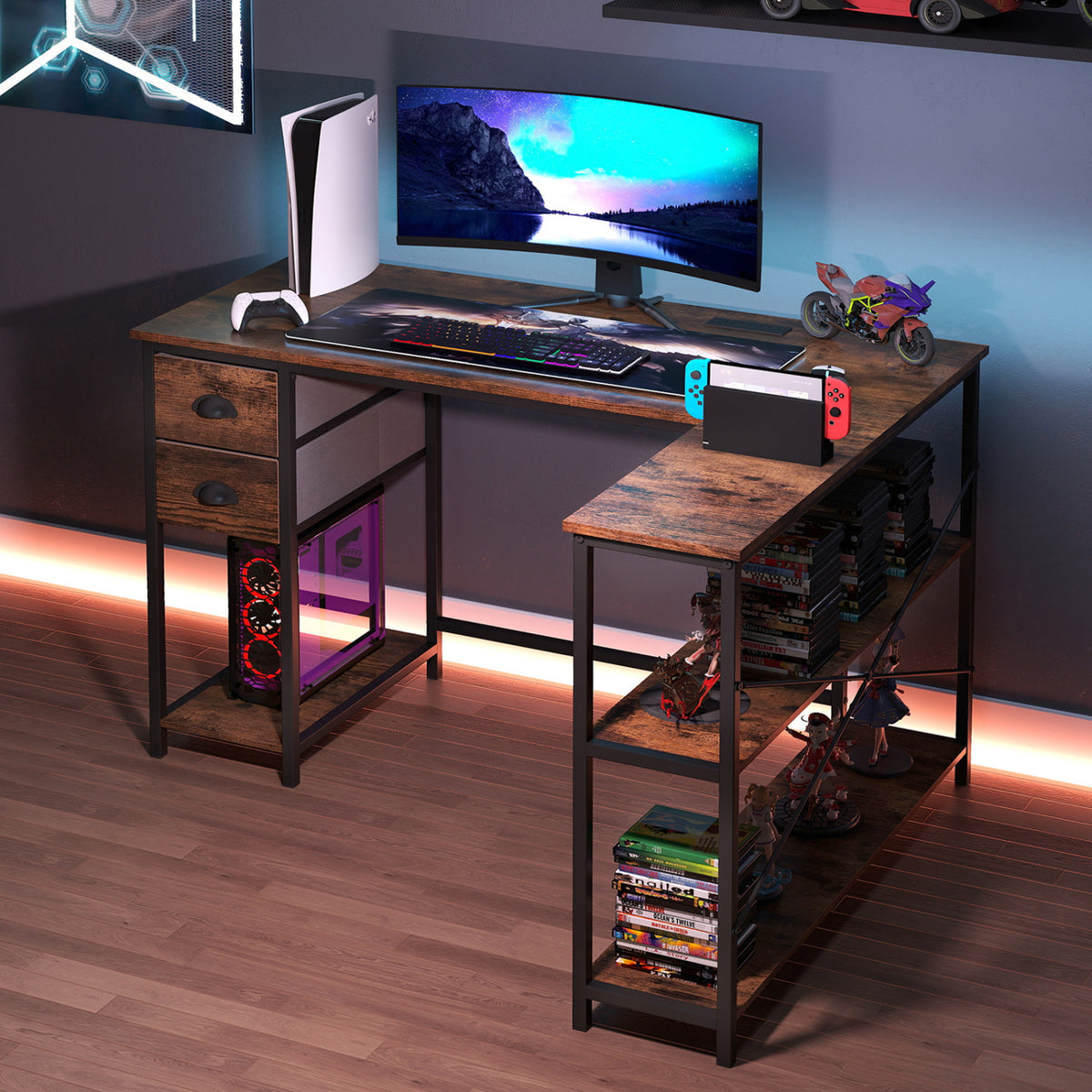 L Shaped Desk with Charging Station Corner Computer Desk with 2 Fabric Drawers-Rustic Brown