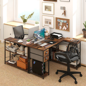 L Shaped Desk with Charging Station Corner Computer Desk with 2 Fabric Drawers-Rustic Brown