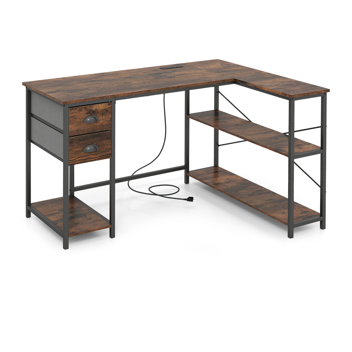 L Shaped Desk with Charging Station Corner Computer Desk with 2 Fabric Drawers-Rustic Brown