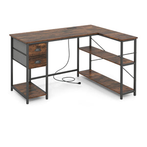 L Shaped Desk with Charging Station Corner Computer Desk with 2 Fabric Drawers-Rustic Brown