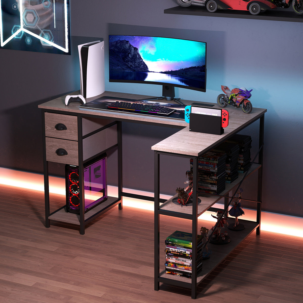 L Shaped Desk with Charging Station Corner Computer Desk with 2 Fabric Drawers-Oak
