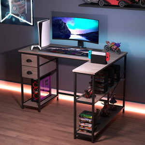 L Shaped Desk with Charging Station Corner Computer Desk with 2 Fabric Drawers-Oak