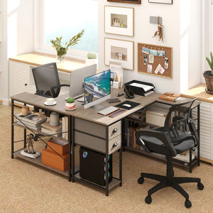 L Shaped Desk with Charging Station Corner Computer Desk with 2 Fabric Drawers-Oak