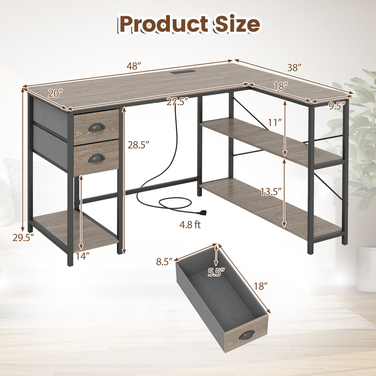 L Shaped Desk with Charging Station Corner Computer Desk with 2 Fabric Drawers-Oak