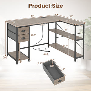 L Shaped Desk with Charging Station Corner Computer Desk with 2 Fabric Drawers-Oak