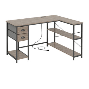 L Shaped Desk with Charging Station Corner Computer Desk with 2 Fabric Drawers-Oak