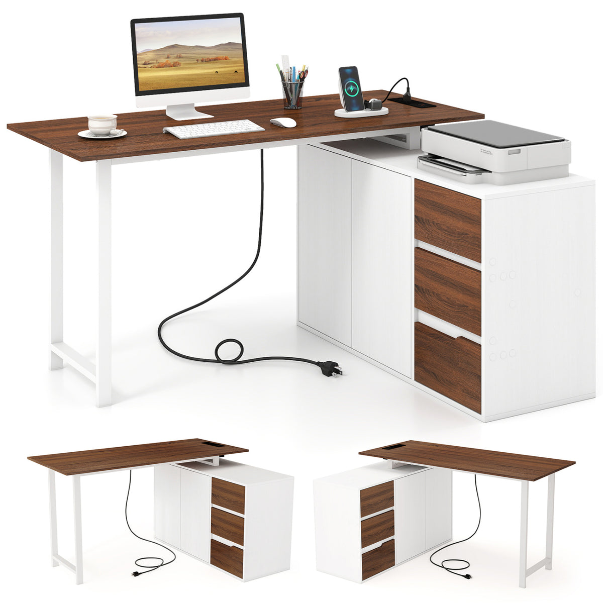 L-Shaped Desk with File Cabinet and Power Outlet Reversible Corner Computer Desk-White