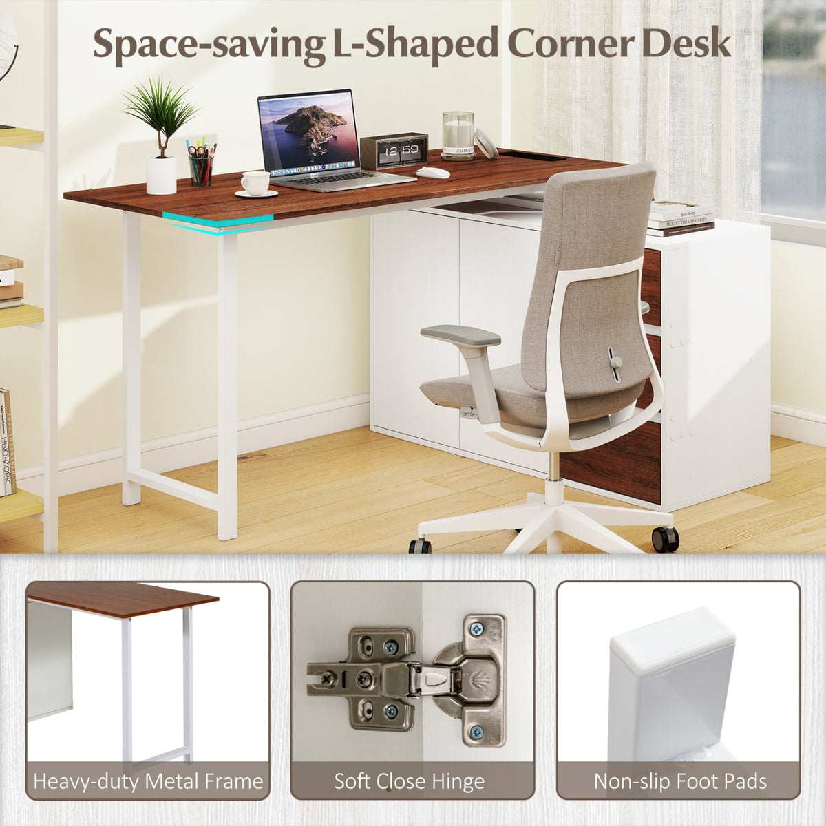 L-Shaped Desk with File Cabinet and Power Outlet Reversible Corner Computer Desk-White