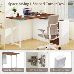 L-Shaped Desk with File Cabinet and Power Outlet Reversible Corner Computer Desk-White