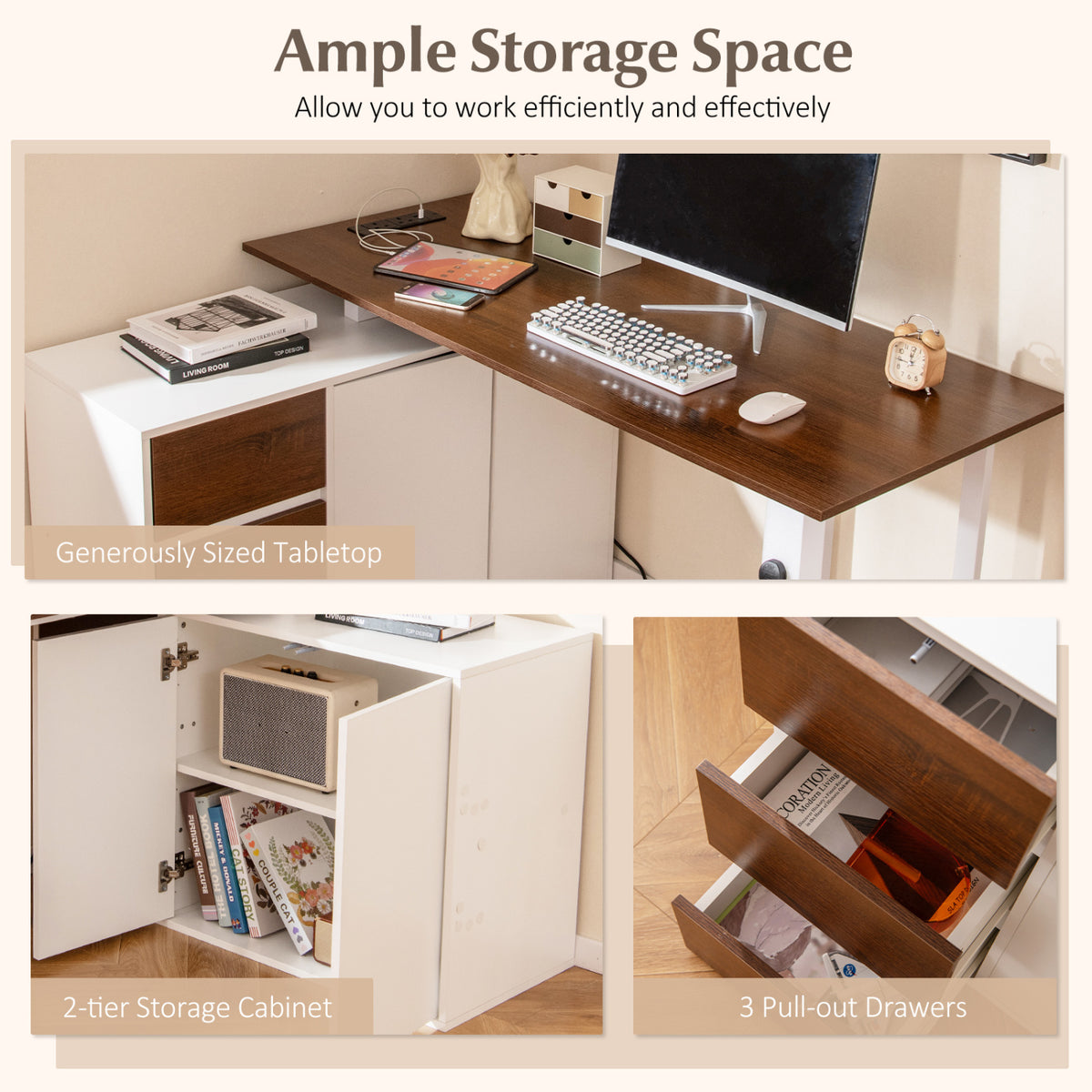 L-Shaped Desk with File Cabinet and Power Outlet Reversible Corner Computer Desk-White