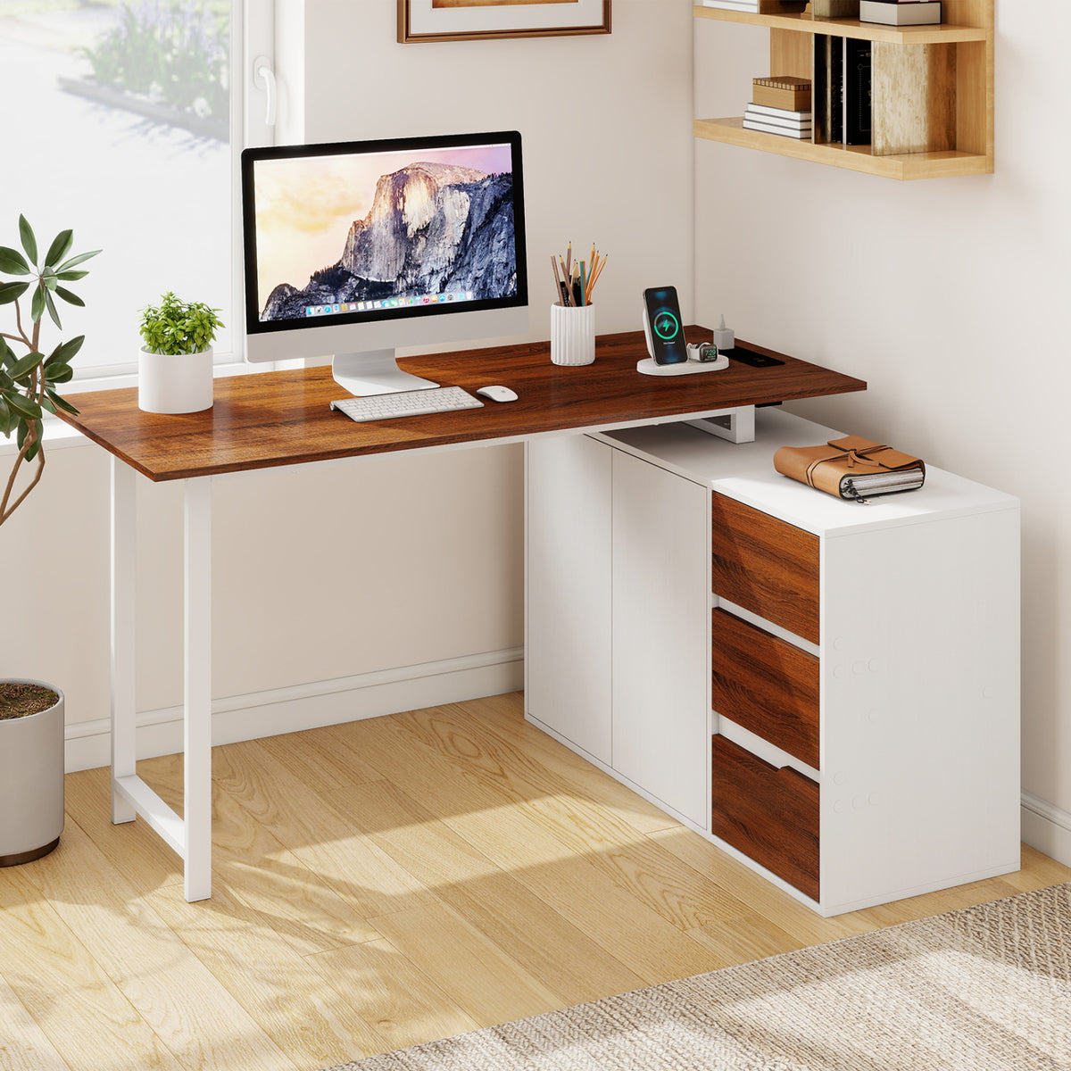 L-Shaped Desk with File Cabinet and Power Outlet Reversible Corner Computer Desk-White
