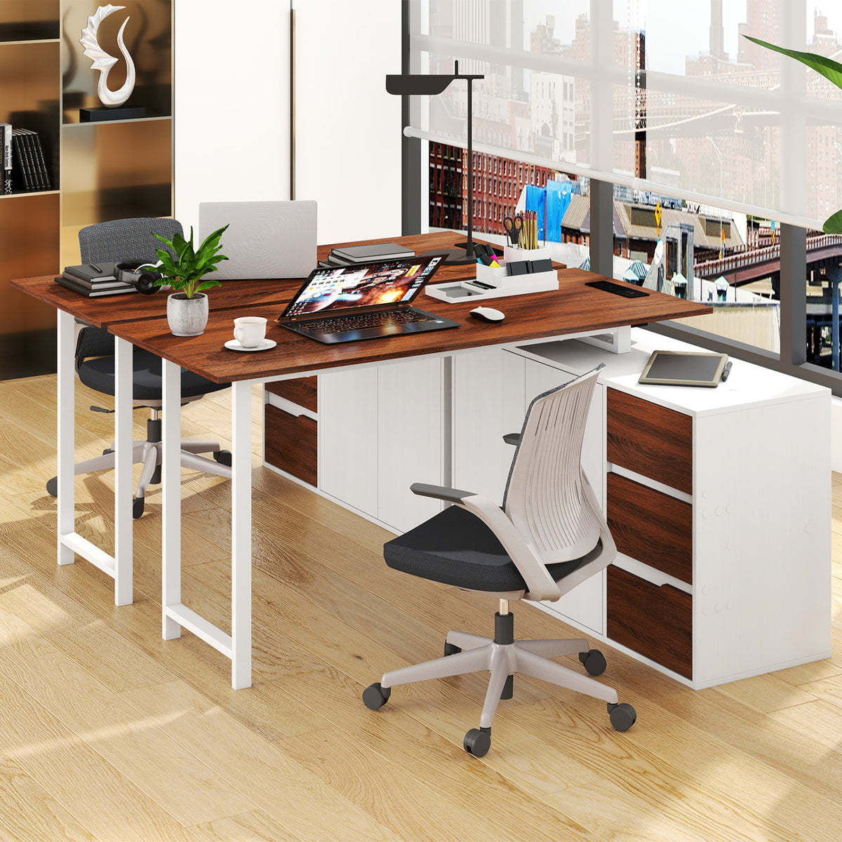L-Shaped Desk with File Cabinet and Power Outlet Reversible Corner Computer Desk-White