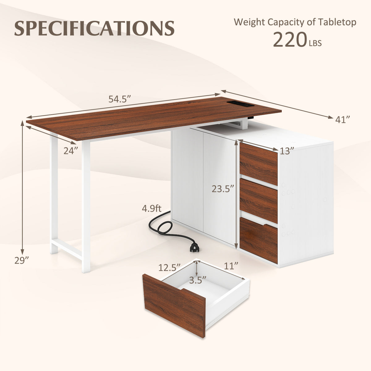 L-Shaped Desk with File Cabinet and Power Outlet Reversible Corner Computer Desk-White