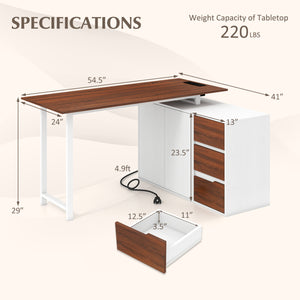 L-Shaped Desk with File Cabinet and Power Outlet Reversible Corner Computer Desk-White