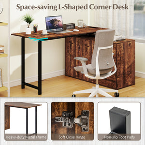 L-Shaped Desk with File Cabinet and Power Outlet Reversible Corner Computer Desk-Rustic Brown