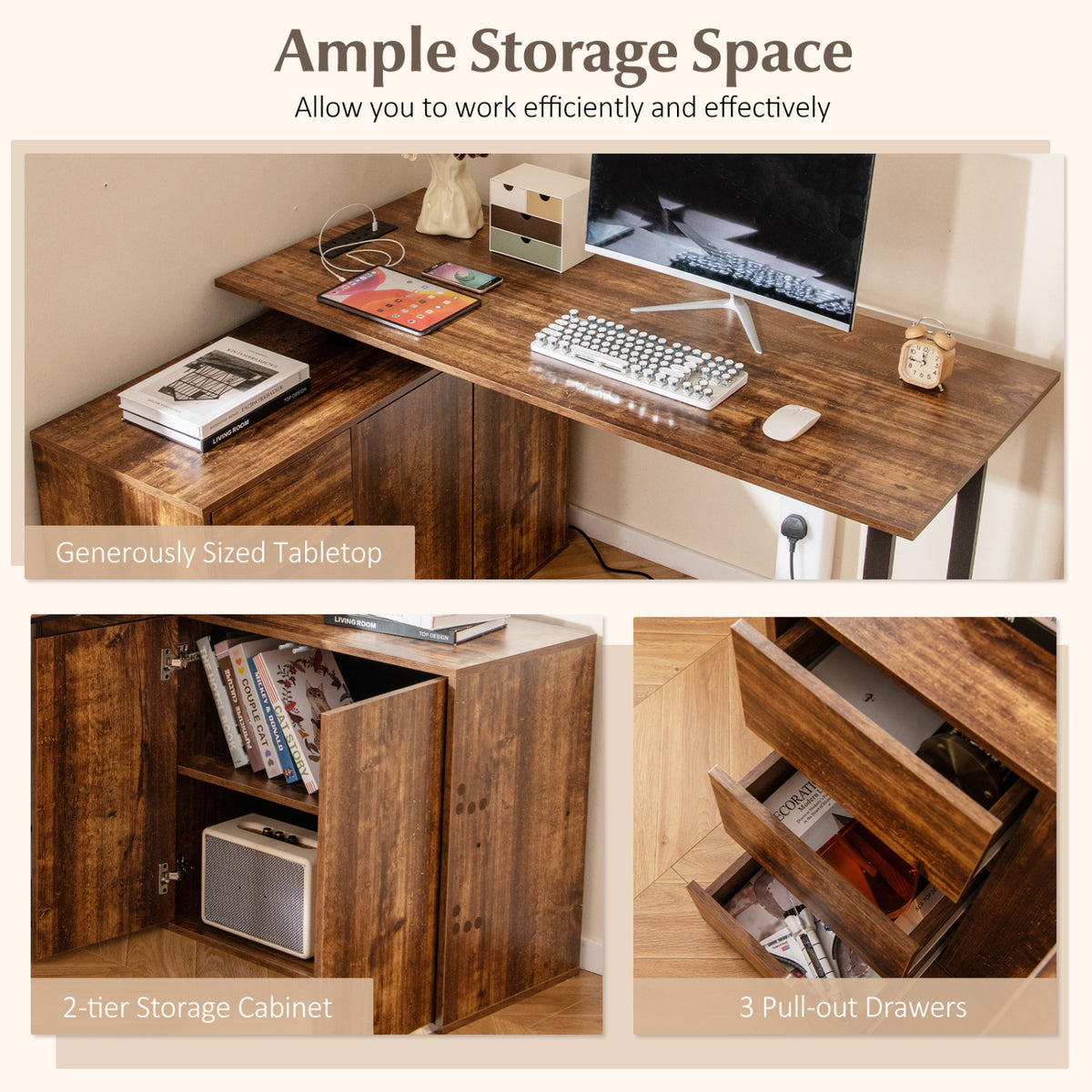 L-Shaped Desk with File Cabinet and Power Outlet Reversible Corner Computer Desk-Rustic Brown