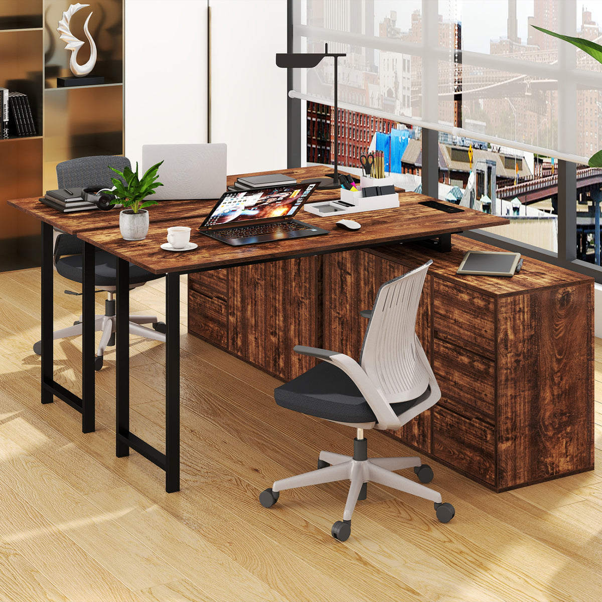 L-Shaped Desk with File Cabinet and Power Outlet Reversible Corner Computer Desk-Rustic Brown