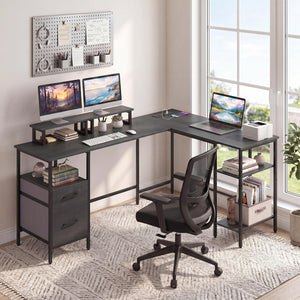 L Shaped Desk with Power Outlet Reversible Computer Desk with Monitor Stands-Black
