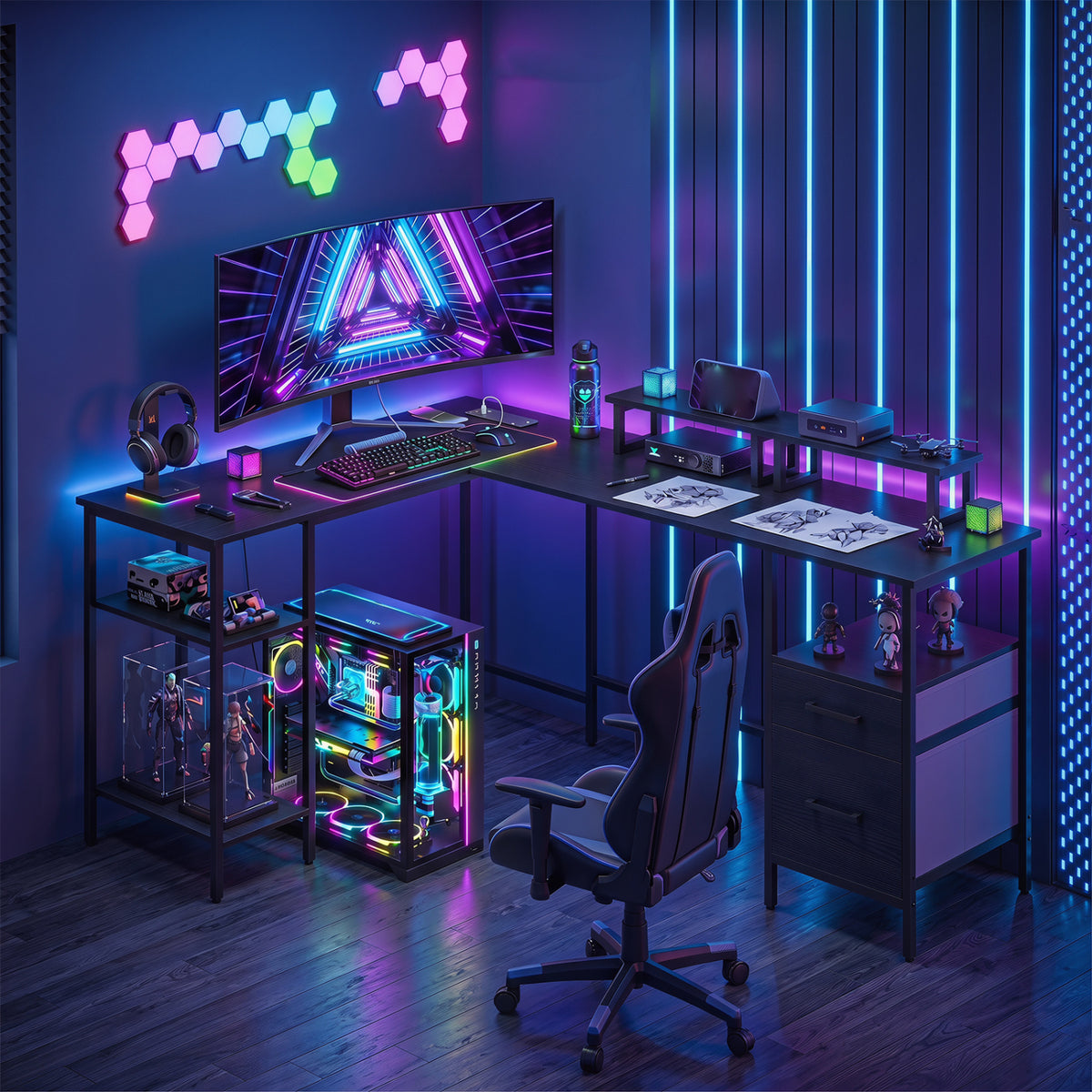 L Shaped Desk with Power Outlet Reversible Computer Desk with Monitor Stands-Black