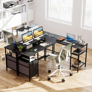 L Shaped Desk with Power Outlet Reversible Computer Desk with Monitor Stands-Black