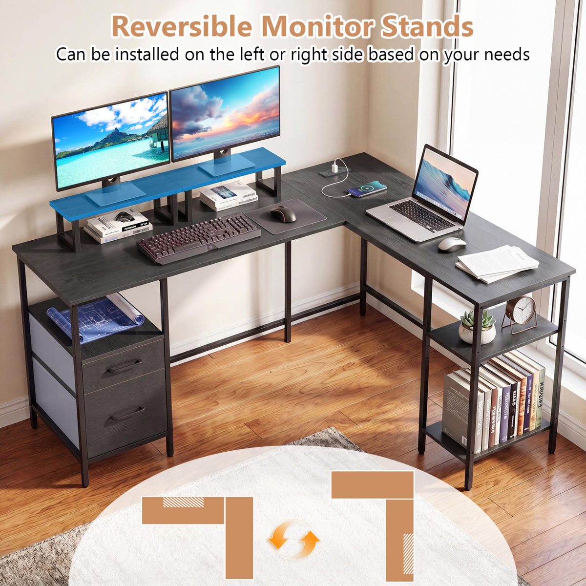L Shaped Desk with Power Outlet Reversible Computer Desk with Monitor Stands-Black