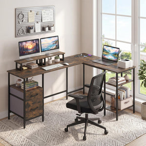 L Shaped Desk with Power Outlet Reversible Computer Desk with Monitor Stands-Rustic Brown