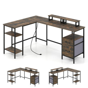 L Shaped Desk with Power Outlet Reversible Computer Desk with Monitor Stands-Rustic Brown