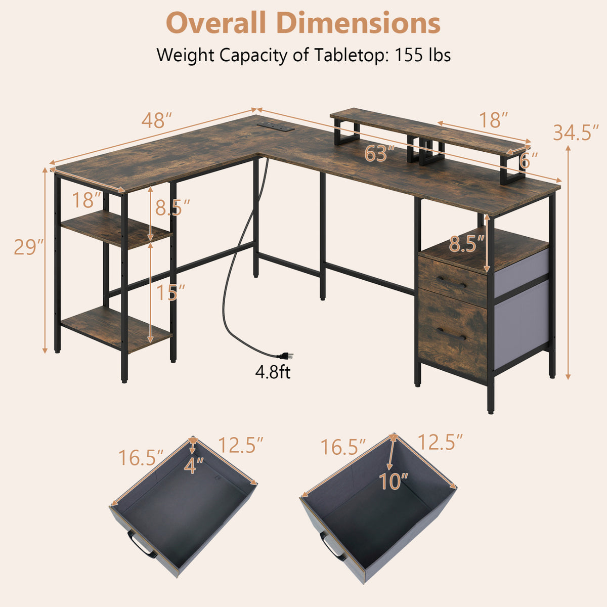 L Shaped Desk with Power Outlet Reversible Computer Desk with Monitor Stands-Rustic Brown