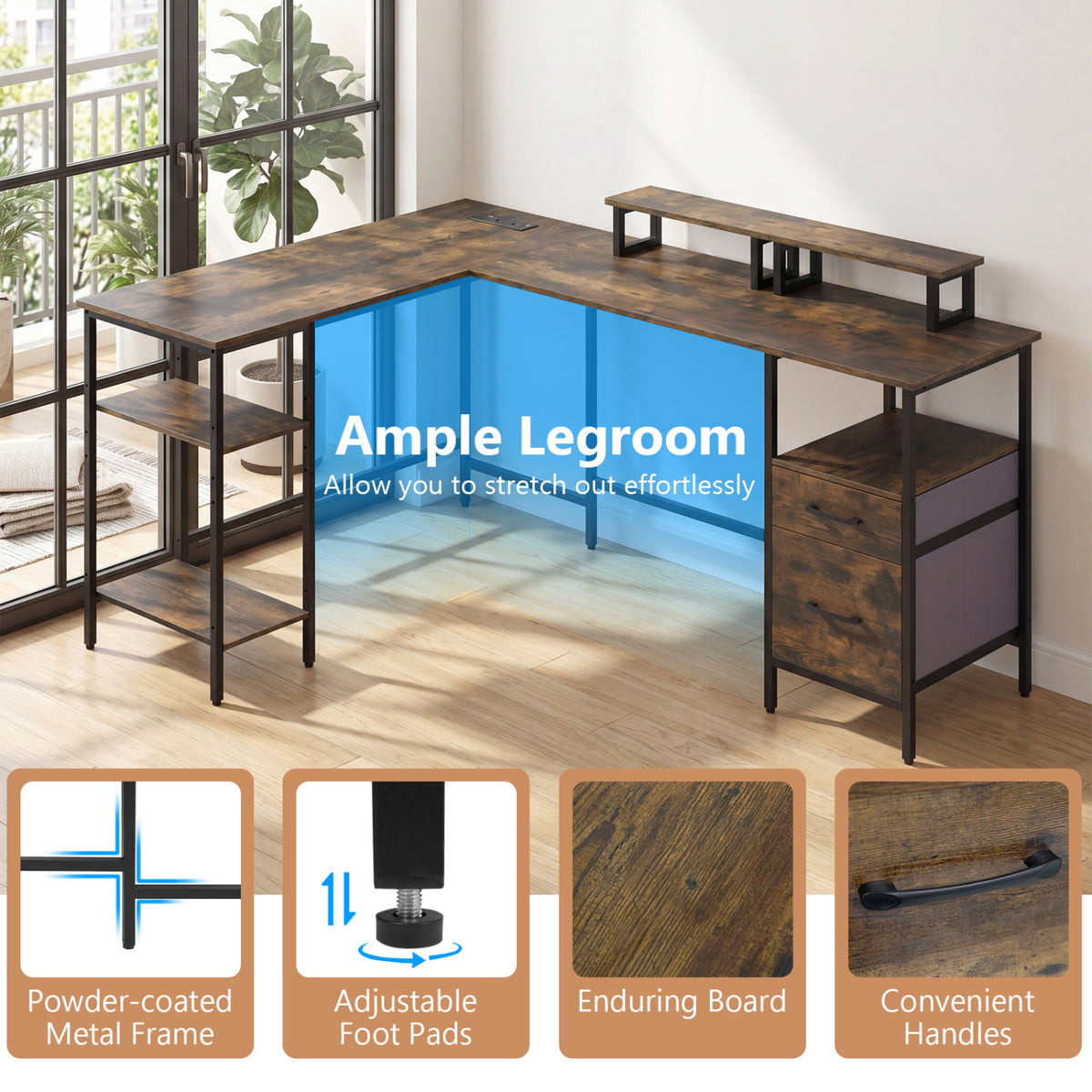 L Shaped Desk with Power Outlet Reversible Computer Desk with Monitor Stands-Rustic Brown