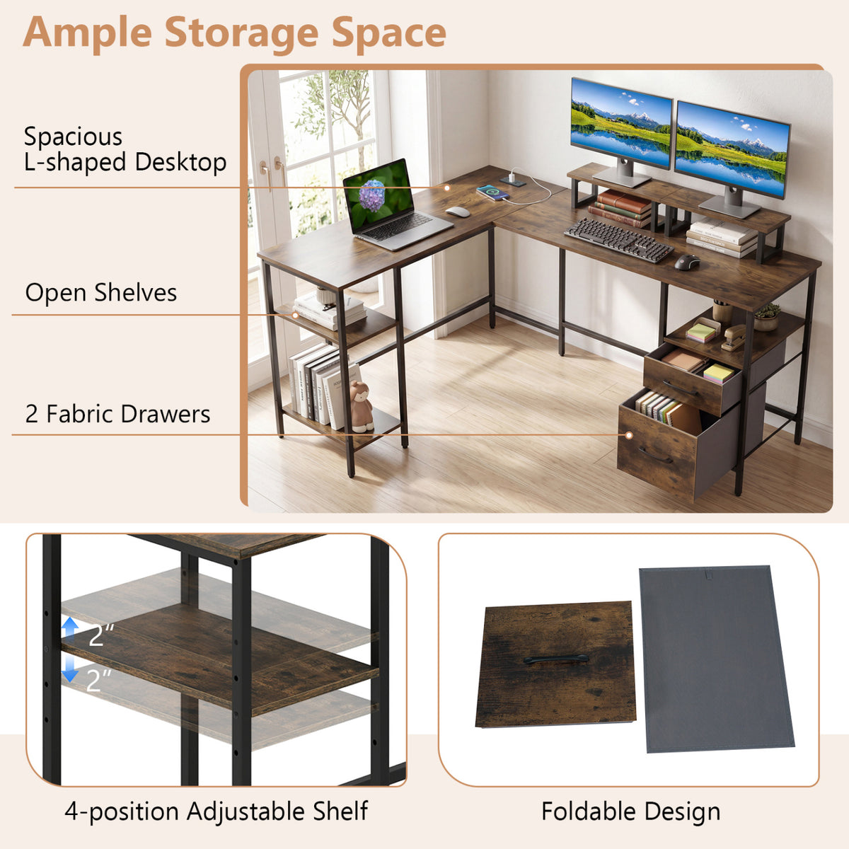 L Shaped Desk with Power Outlet Reversible Computer Desk with Monitor Stands-Rustic Brown